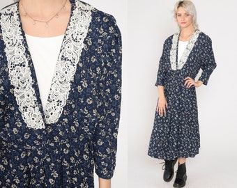 Floral Granny Dress 90s Blue Midi Dress Lace V Neck Layered Secretary Dress Puff Sleeve Flower Print Retro Boho V-Neck Vintage 1990s Medium