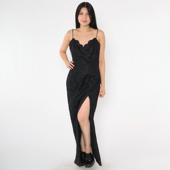 Vintage Black Lace Party Dress 90s High Slit Maxi Dress Sweetheart Neckline Fitted Formal Cocktail Spaghetti Strap 1990s Small 6