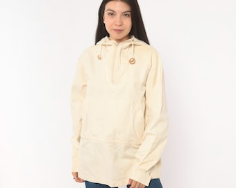 Jaren 80 Woolrich Anorak Crème Katoenen Pullover Half Zip Capuchonjas Kangoeroezak Windbreaker Wit Outdoor Wandeljas Trail Kampeerjas Maat M