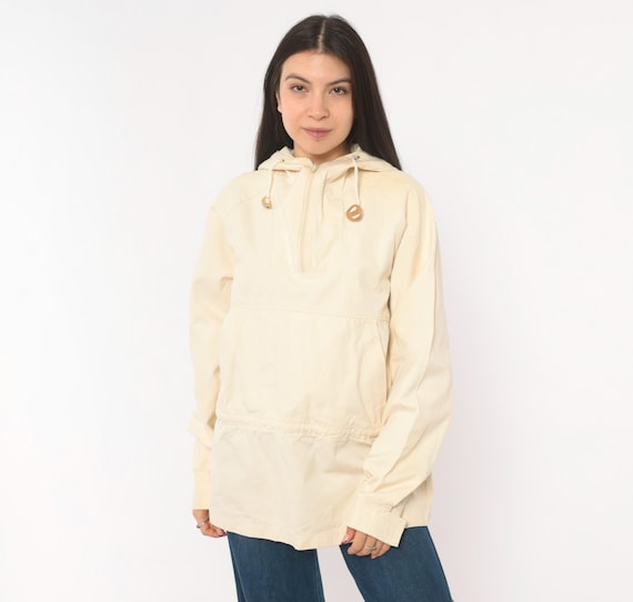 80s Woolrich Anorak Cream Cotton Pullover Half Zip Hooded Jacket Kangaroo Pocket Windbreaker White Outdoor Hiking Trail Camp Shell Medium M