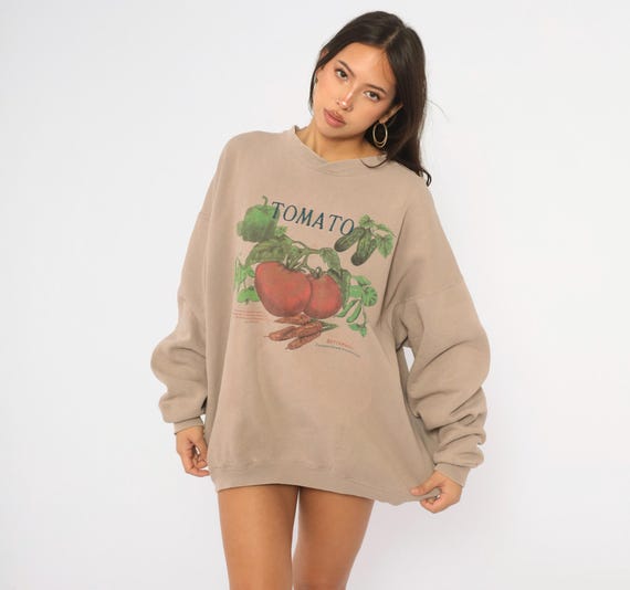 Tomato Garden Sweatshirt 90s Tan Vegetable Graphic Crew Neck Cotton Pullover Taupe Beige Botanical Seed Packet Print Carrot Boxy Top Large L
