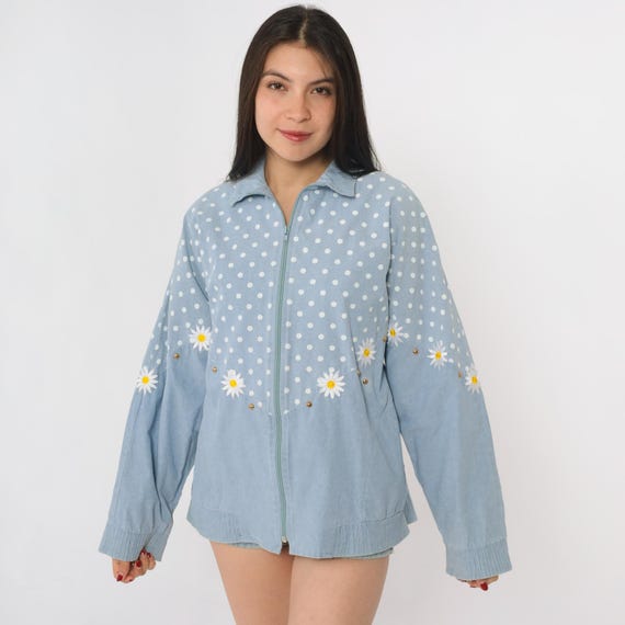 90s Daisy Jacket Blue Polka Dot Embroidered Cotton Zip Up Bomber Oversized Vintage Cottagecore Coquette Fairycore Dreamy Soft Small S