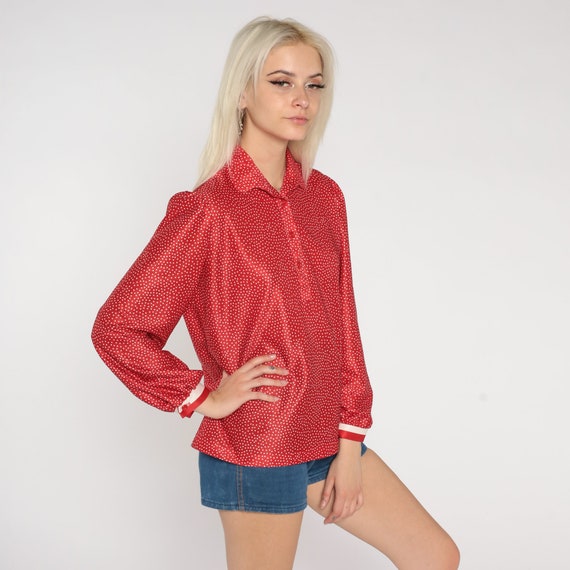 Polka Dot Blouse Red 70s Top Long Sleeve Button U… - image 5