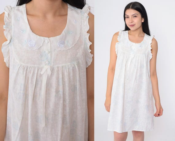 Vintage Floral Nightgown Ruffled Pajama Dress 90s Embroidered Peter Pan Collar Sleeveless Nightie Mini Boho White Button up Pastel Small Etsy UK