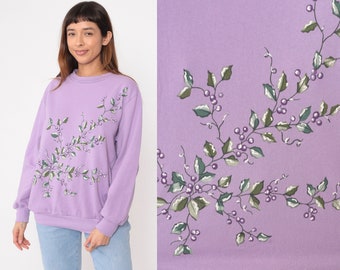 90s Purple Berry Sweatshirt Graphic Botanical Lavender Leaf Nature Print Slouchy Pullover Crewneck Sweater Retro Vintage 1990s Large L