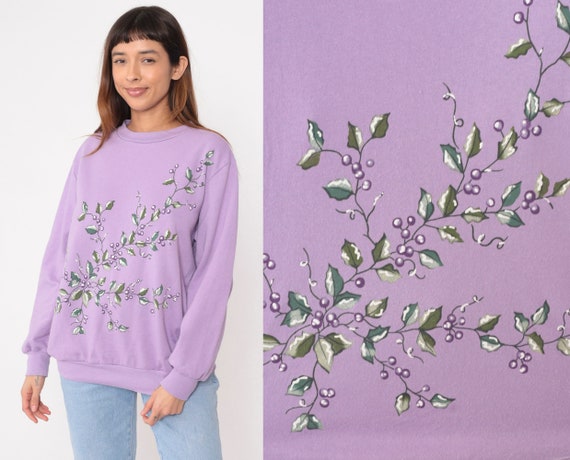 90s Purple Berry Sweatshirt Graphic Botanical Lavender Leaf Nature Print Slouchy Pullover Crewneck Sweater Retro Vintage 1990s Large L