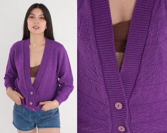 Purple Cardigan 80s Textured Knit Button up Sweater Heart Checkered Chevron Striped Jumper Retro Grandma Acrylic Vintage 1980s Small