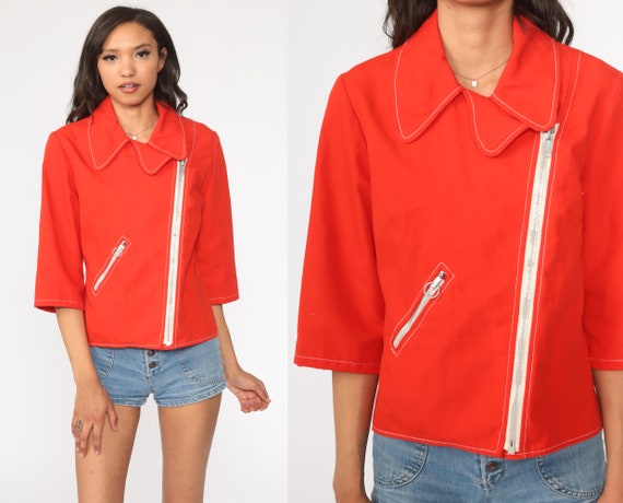 Red Jacket 70s Mod Jacket Space Age Retro Plain Zip Up Jacket Collar Vintage 1970s 3/4 Sleeve Small Medium