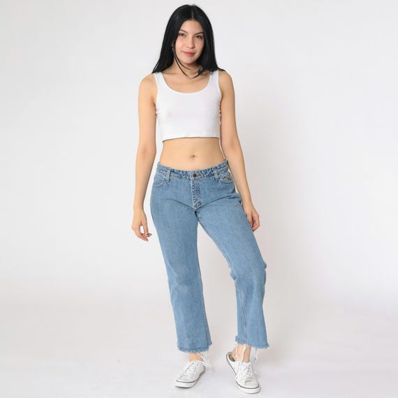 Vintage Harley Davidson Jeans Y2K Mid Rise Blue Motorcycle Biker Denim Straight Leg Cutoff Hem Retro Pants Streetwear 00s Size 4 Regular