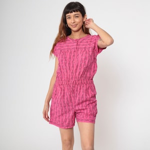 Vintage Pink Plaid Romper 80s Button Up Front Playsuit Short Sleeve Elastic Waist Jumpsuit 1980s One Piece Medium Large 10/12