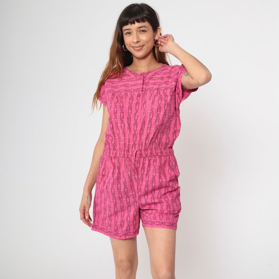Vintage Pink Plaid Romper 80s Button Up Front Playsuit Short Sleeve Elastic Waist Jumpsuit 1980s One Piece Medium Large 10/12