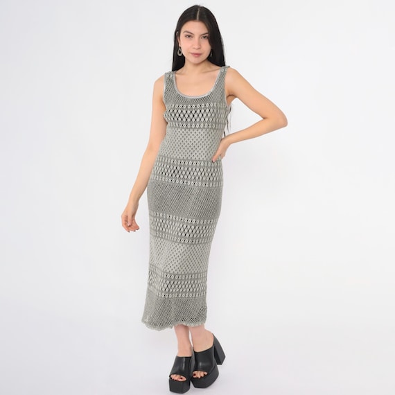 Vintage Grey Lace Dress 90s Midi Long Grunge Boho 1990s Bohemian Party Sundress Sleeveless Sun Midi Festival Sheath Ankle Length Small S