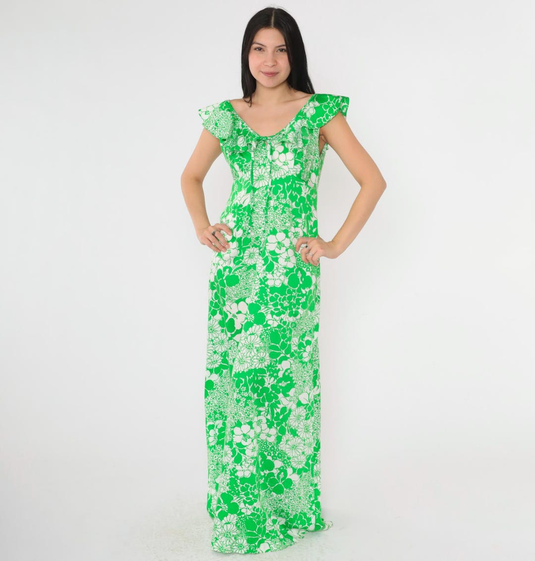 Vintage Hawaiian Maxi Dress 70s Tropical Floral Green Flutter Sleeve ...
