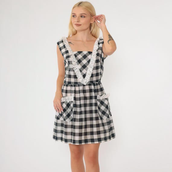 1960s Gingham Dress Mini Black White 60s Party Dress Lace Cottagecore Sleeveless Pin Up High Waisted Checkered Sundress Vintage 70s Small S