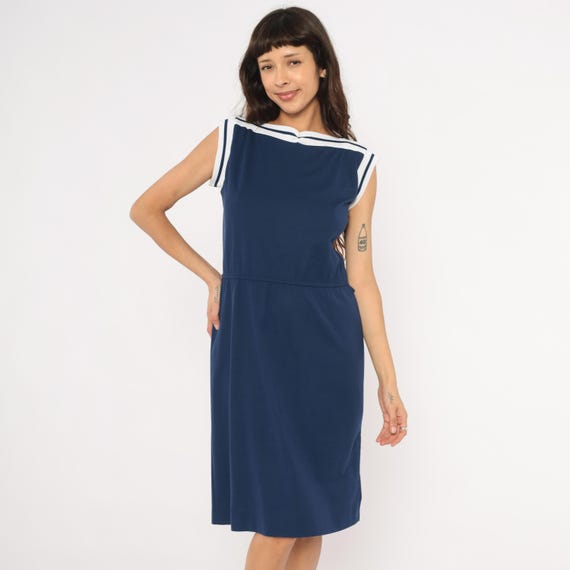 80s Sailor Collar Dress Navy Blue Sleeveless Knee Length Nautical White Stripe Trim Gathered Waist Pullover Cap Sleeve Women's Large L
