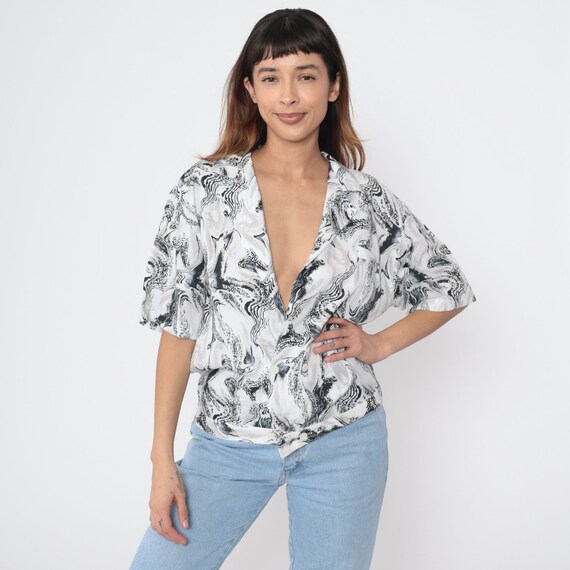 Marbled Swirl Shirt 90s Black White Double Breast… - image 4