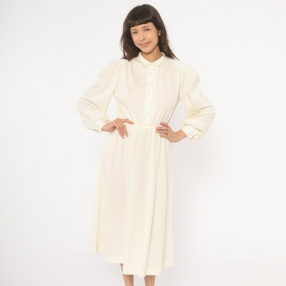 80s Cream Puff Sleeve Dress Button Front Collared Midi Pearl Buttons Gathered Waist A Line Ivory Off White Wool Prairie Long Sleeve Large L