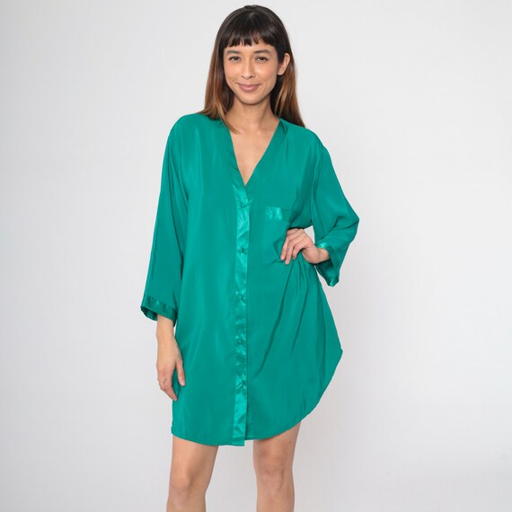 Green Button Up Nightie 90s Pajama Dress Shiny Satin Trim Nightgown Mini Dress Lingerie Lounge Long Sleeve Sleep Vintage 1990s Medium M