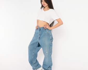 Carhartt Carpenter Jeans Y2K Light Wash Blue Denim Straight Leg Work Pants Hammer Loop Utility Workwear Trousers Faded Gorpcore 38 x 34