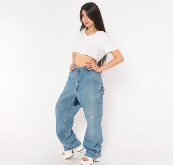 Carhartt Carpenter Jeans Y2K Light Wash Blue Denim Straight Leg Work Pants Hammer Loop Utility Workwear Trousers Faded Gorpcore 38 x 34
