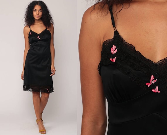 Mini Slip Dress 70s Black Nylon Nightgown Lace PINK FLORAL Lingerie Gothic Vintage 1970s Empire Waist Spaghetti Strap Goth Small Medium