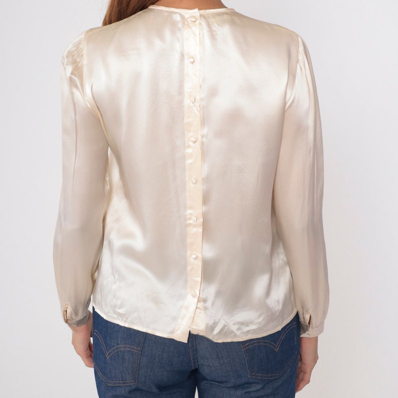 Cream Silk Blouse 80s Beaded Sequin Shirt Puff Sleeve Top Leaf Long Sleeve Button Back Top Formal Party Chic Vintage 1980s Medium 8 Petite image 8