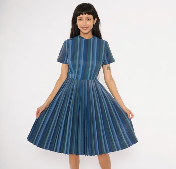 60s Striped Pleated Dress Navy Teal Blue Green Vertical Stripe Fit And Flare Pleat Skirt Crew Neck Midi Mod Vintage Stacy Ames Frock Small S