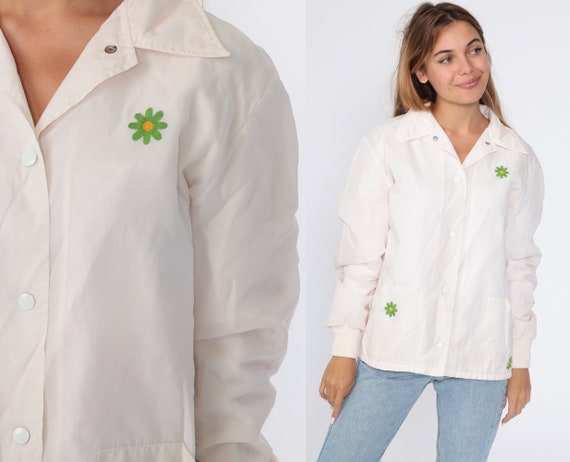 Floral Windbreaker Jacket 70s White Daisy Jacket Flower Power Jacket Hippie Boho Vintage 1970s Medium Large