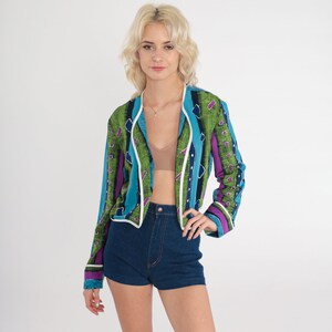 Statement Jacket années 90 Open Front Cropped Blazer Rayé Géométrique Imprimé Bleu Vert Violet Boho Hippie Cardigan Boho vintage années 1990 Moyen image 2