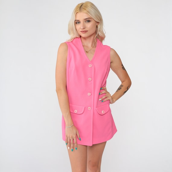 Pink Tank Top 70s Blouse V Neck Retro Button Up Boho Shirt Sleeveless Top Vintage Bohemian 1970s Plain Polyester Knit Small S