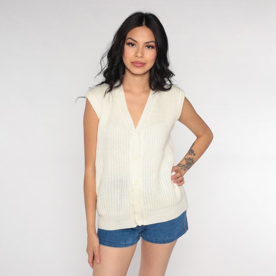 70s Knit Vest Top Cream Cap Sleeve Sweater V Neck Tank Button Up 1970s Retro Vintage Ribbed Acrylic Vest Small S