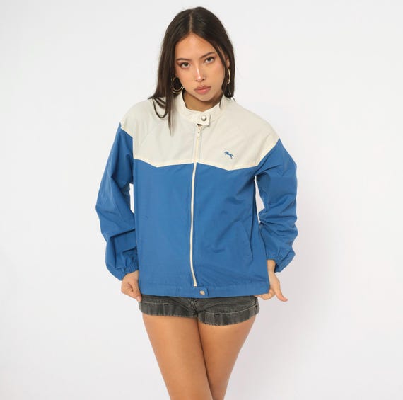 80s Cobalt Windbreaker Forego Color Block Bomber Jacket White Yoke Cotton Stand Collar Sporty Athletic Unisex Vintage Small S
