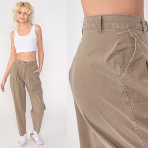 Brown Pleated Trousers 90s Cotton Slacks High Waisted Pants Retro Tapered Leg Slacks Casual Vintage 1990s Cherokee Small