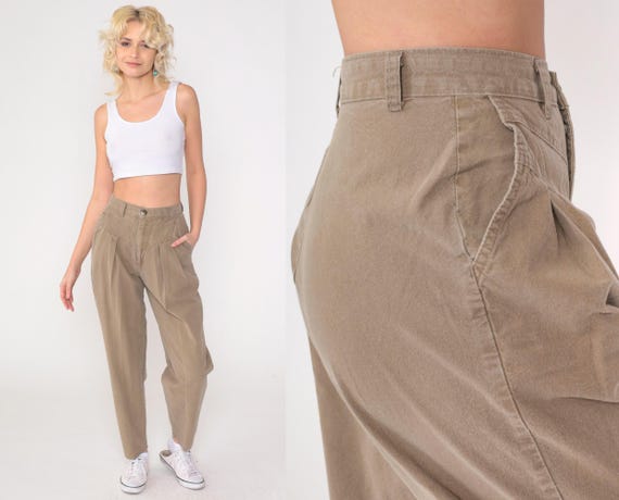 Brown Pleated Trousers 90s Cotton Slacks High Waisted Pants Retro Tapered Leg Slacks Casual Vintage 1990s Cherokee Small