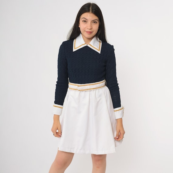 70s Navy Dress Blue White Gold Trim Peter Pan Collar Long Sleeve Preppy A Line Schoolgirl Mini Dress Mod Chic Extra Small XS