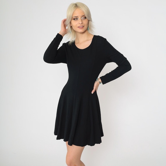 90s Norma Kamali Black Dress Vintage A-Line Skater Lace-Up Back Long Sleeve Scoop Neck Minimalist Fit and Flare Vintage 1990s Small Medium