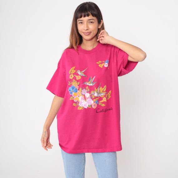 90s Hummingbird T Shirt Pink California Souvenir Floral Tee Vintage Graphic Fuchsia Magenta Flowers Summer Bright Hot Extra Large XL