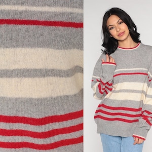 Grey Striped Sweater 80s Knit Wool Sweater Red White Slouch 1980s Jumper Vintage Pullover Retro Crewneck Sweater Large xl l