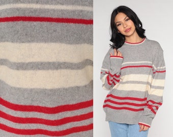 Grey Striped Sweater 80s Knit Wool Sweater Red White Slouch 1980s Jumper Vintage Pullover Retro Crewneck Sweater Large xl l
