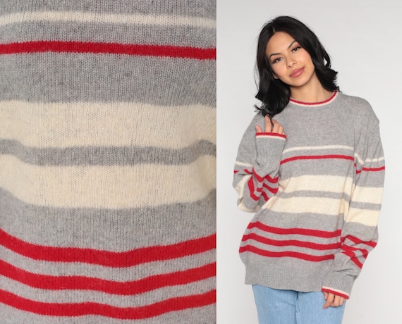 Grey Striped Sweater 80s Knit Wool Sweater Red White Slouch 1980s Jumper Vintage Pullover Retro Crewneck Sweater Large xl l