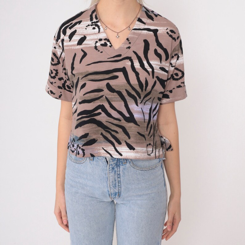 90s Animal Print Tshirt Abstract Tiger Stripe Top Short Cuffed Sleeve Blouse V Neck Black Taupe Retro Vintage 1990s Petite Small S image 8