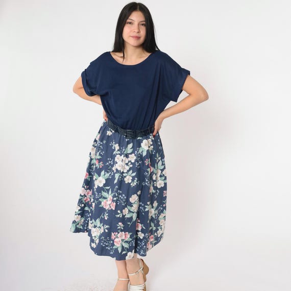 Vintage Blouson Floral Dress 80s Navy Blue Dress Midi Full Skirt Belted High Waisted Slouchy Dress 1980s Short Sleeve Small Medium