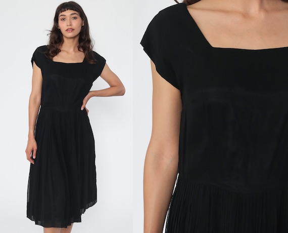Black Party Dress Mad Men 50s Chiffon Dress Tea Length 60s Midi LBD High Waisted 1950s Cocktail Dress Pin Up Fitted Medium
