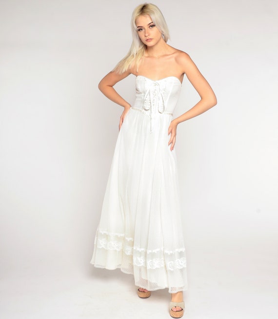 Vintage Wedding Dress 70s White Lace Maxi Dress P… - image 4