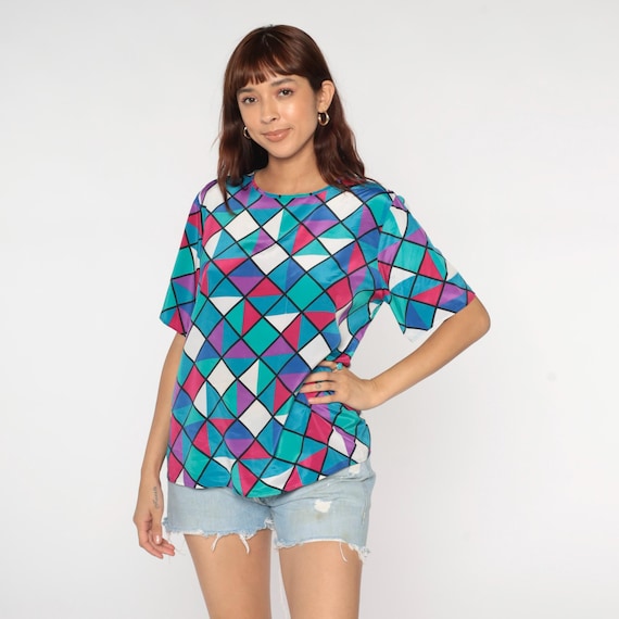 90s Square Print Shirt Geometric Button Up Blouse Colorful Triangle Pattern Grunge Top Short Sleeve Hipster Retro Vintage 1990s Large L
