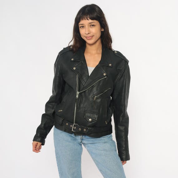 90s Black Leather Jacket Wilsons Motorcycle Biker Moto Belted Zip Silver Hardware Studs Multiple Zippers Grunge Rocker Vintage Small S