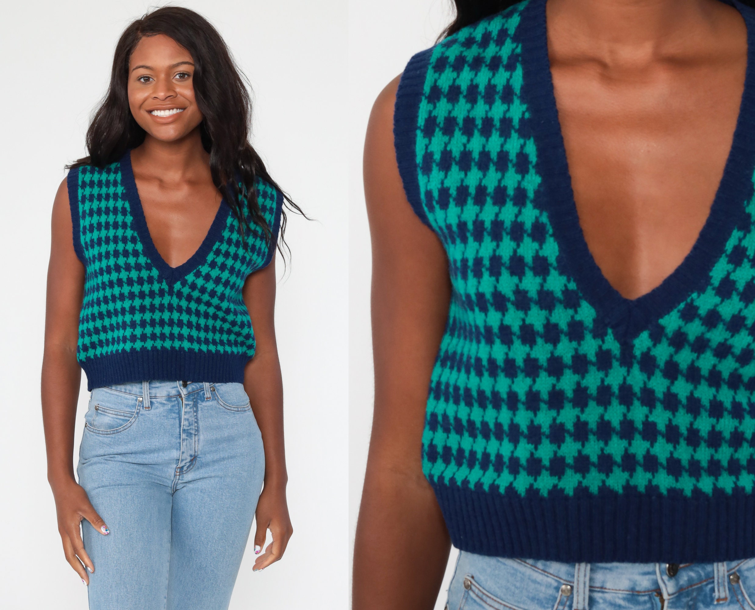 70s Sweater Vest Top Houndstooth Tank Top Knit Shirt Sweater Checkered Vest Blue Green V Neck 1970s Shirt Vintage Small