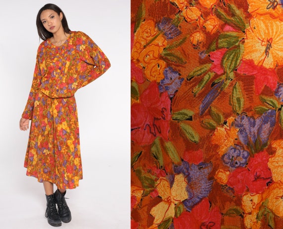 80s Blouson Dress 90s Orange Floral Print Shirtwaist Dress Button Up Long Dolman Sleeve Maxi Retro High Waisted Secretary Vintage Medium 8