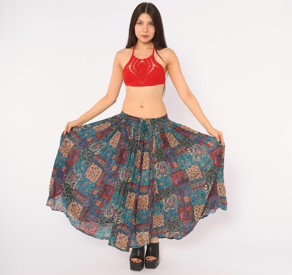 90s Patchwork Floral Skirt Blue Teal Red Broomstick Crinkle Drawstring Waist Hippie Bohemian Prairie Block Print Summer Vintage Medium M