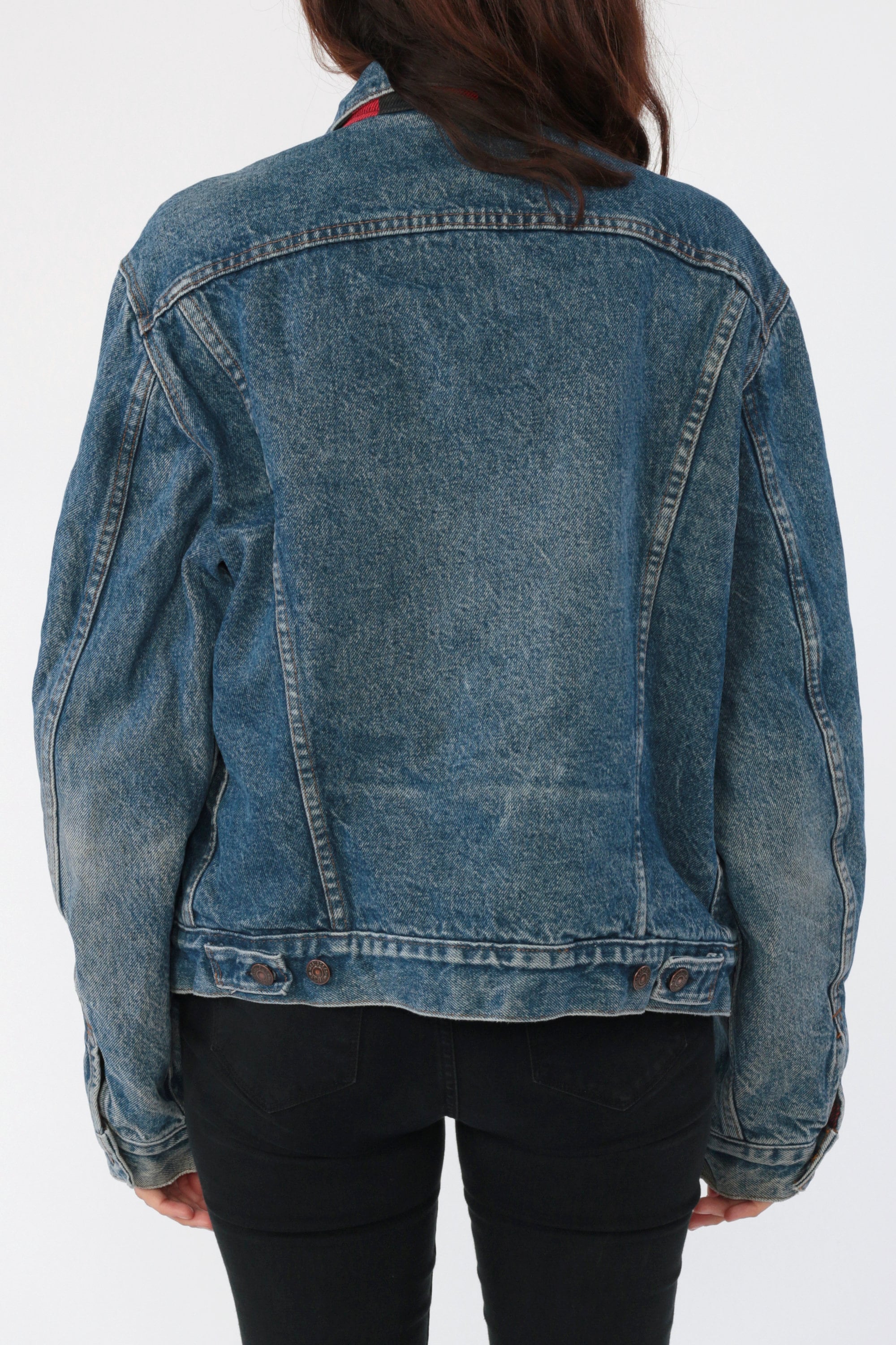 Vintage Levis Jean Jacket -- 80s Levi Denim Jacket Buffalo PLAID Lined USA Trucker Blue Biker